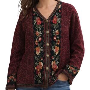 Vintage Icelandic Design Cardigan 100% Wool Pockets Floral Button Front Red L